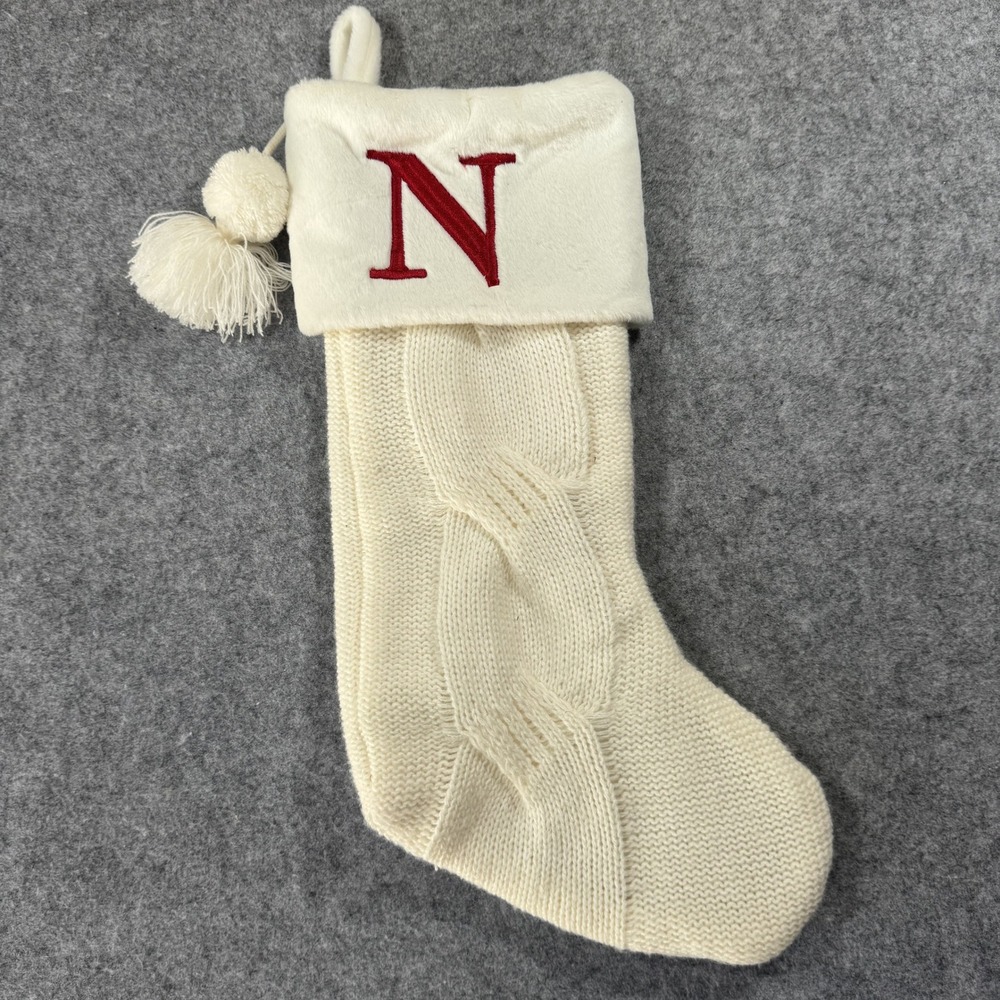 Unbranded Monogram Initial N‎ Christmas Stocking OS Ivory Cable Knit Faux Fur